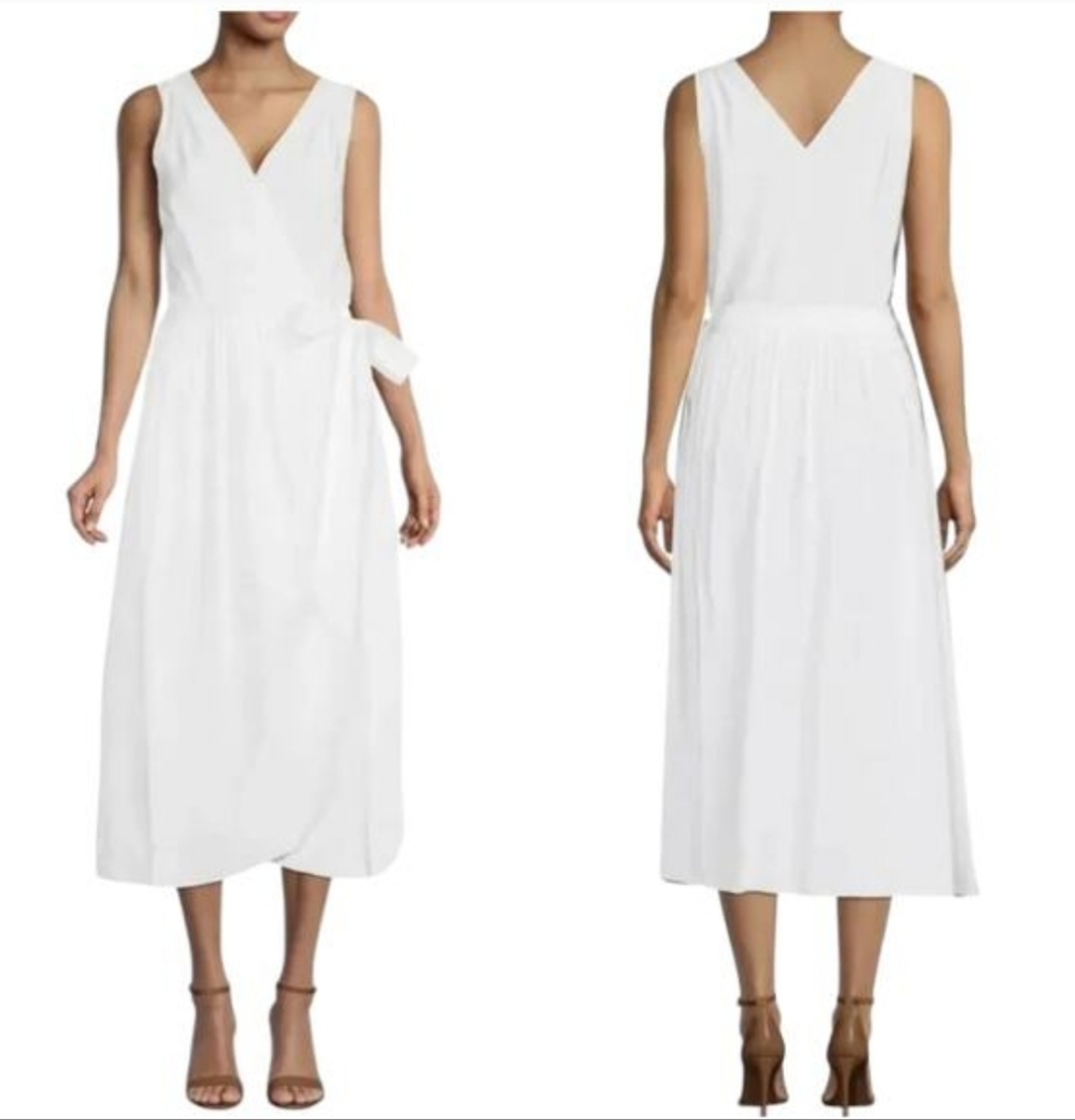 $425 VINCE Sleeveless V-Neck Wrap Dress White Solid Midi Pleated Belted Sz M